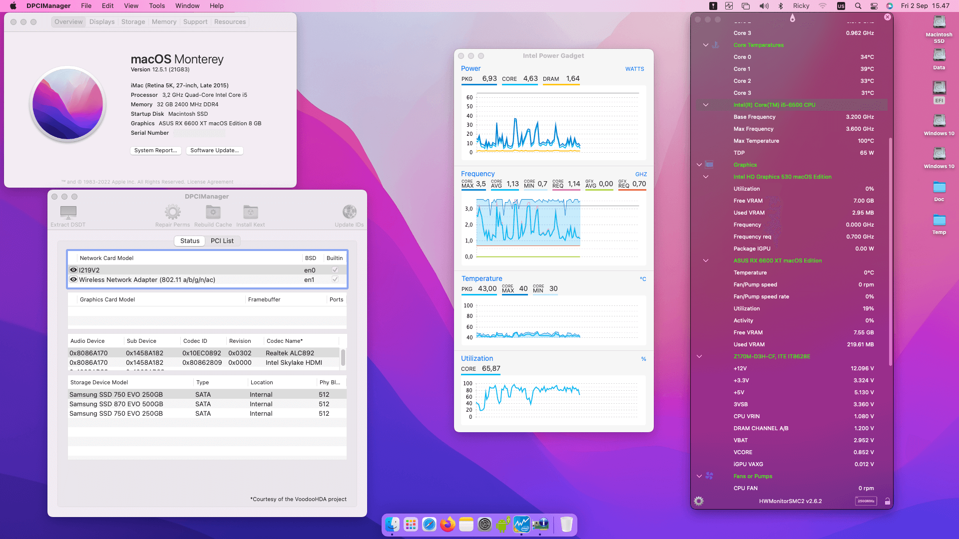 Success Hackintosh macOS Monterey 12.5.1 Build 21G83 in Gigabyte GA-Z170M-D3H + Intel Core i5 6500 + Asus RX 6600 XT